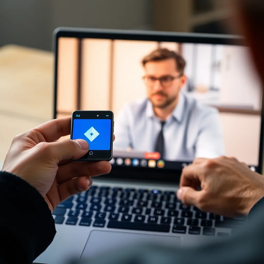 Person holding Trézor device while watching an expert on a laptop screen